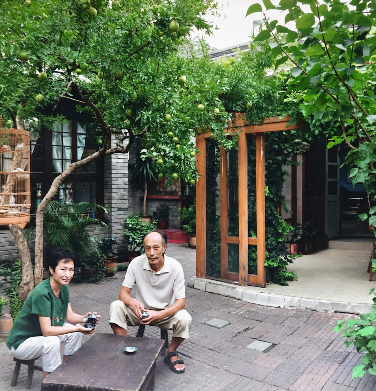 Jing Jichang and Wang Zhixi in the courtyard they restored